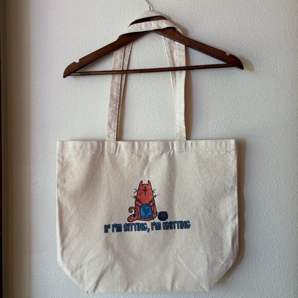 Orange Tabby Cat Knitting Canvas Tote Bag Knitters Cat Lady Person Beige Canvas - Picture 3 of 7